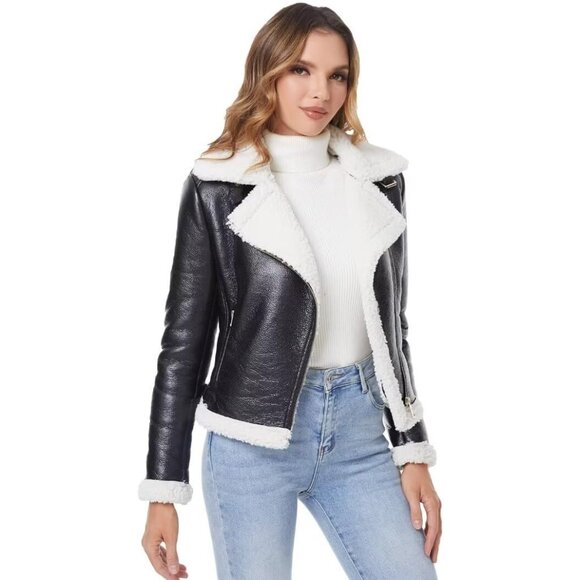 ⚡Women's Black Shearing Fur Winter Coat Warm Thick Fur Lined Faux Leather Jacket - Picture 1 of 4